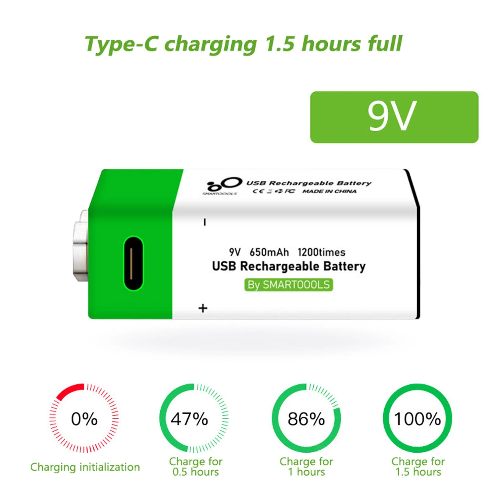 SmarToools 9V Rechargeable Battery 650mAh Type-C Lithium Battery BD
